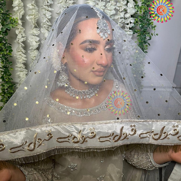 Nikkah net Dupatta Qubool hai In White For Weddings Qabool Ho Rukhsati Shadi Mubarak Dulhan Veil