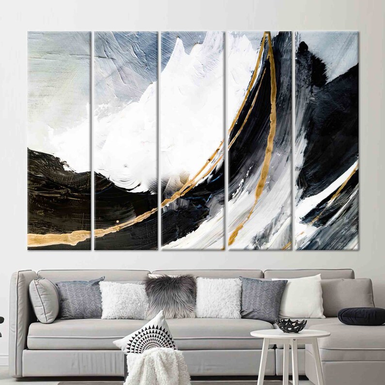 Black Gold Painting Abstract Wall Art Black Frame Canvas Etsy