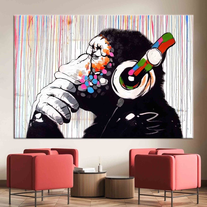 Thinking Monkey Dj Monkey Wall Art Banksy Monkey Colorful Etsy