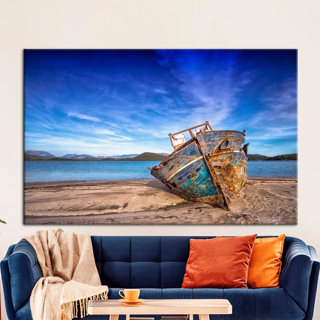 Old Boat on the Beach Wall Art Sea Landscape Canvas Beach Etsy