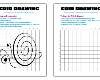 13 Grid Drawing and Coloring Exercises: Lines, shapes, animals, forms, landscape, graffiti