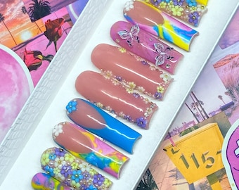 Colorful Flower Press On Nails| Pressons| French Tip Nails| Spring| Summer Nails| Xl Square Press On Nails| Nails| Birthday Nai