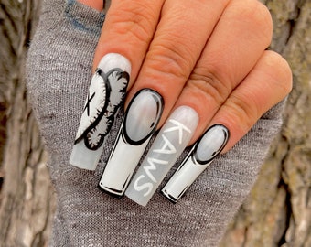 Kaws Press on Nails Milky White Nails XL XXL XXXL Trendy Nails Black and  White Nails Winter Nail Designs Kaws Nail Designs Insta 