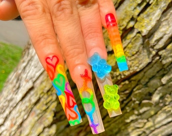 Pride Rainbow Press On Nails| Gummy Bear Nails| Gay Pride Pressons | Colorful Press On Nails | XXXL Nails