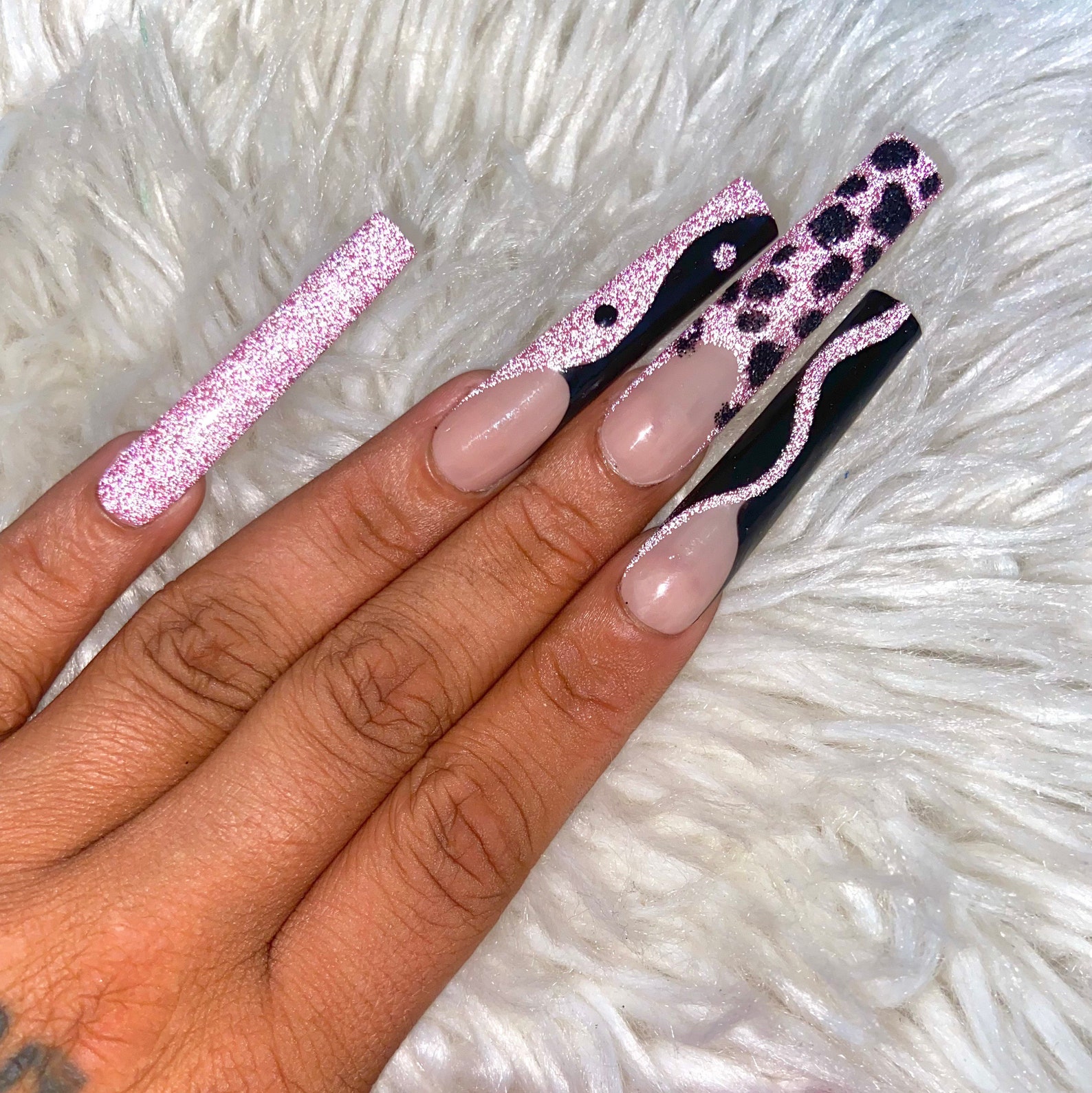 Reflective Glitter Press on Nails Pink Glitter Nails Black Etsy