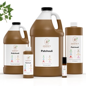 May include: Four brown bottles of Patchouli essential oil from Jersey Botanical. The bottles are in different sizes, from a small roll-on bottle to a large 4-pound container. The bottles have a white label with the company logo and the name of the oil. The label also lists the uses for the oil, such as incense, diffusing, and aromatherapy.