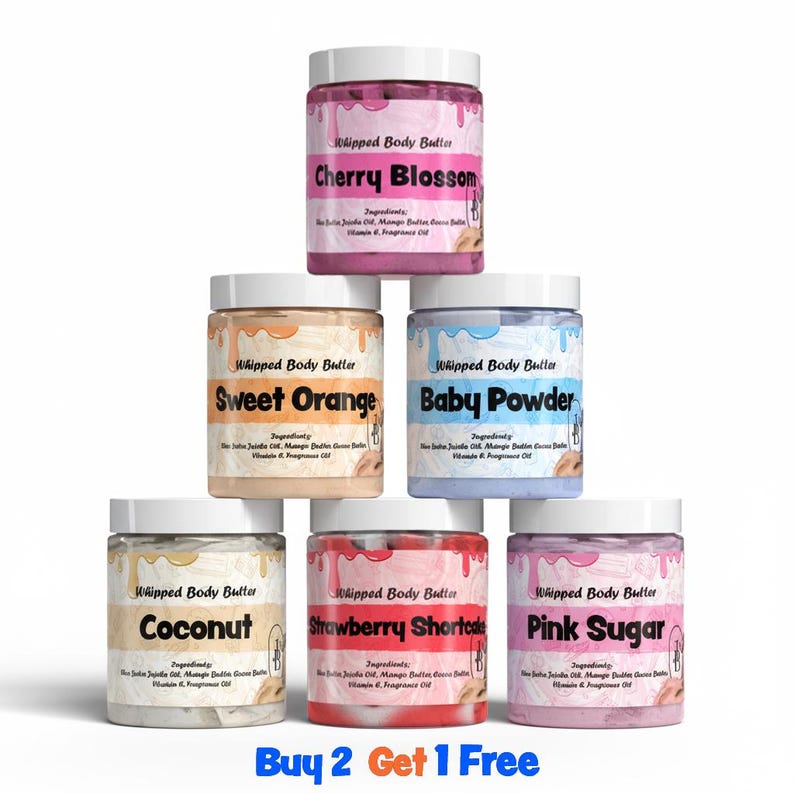 May include: A stack of six jars of whipped body butter with white lids. Flavors include Cherry Blossom, Sweet Orange, Baby Powder, Coconut, Strawberry Shortcake, and Pink Sugar. The jars have labels with the product name and ingredients.