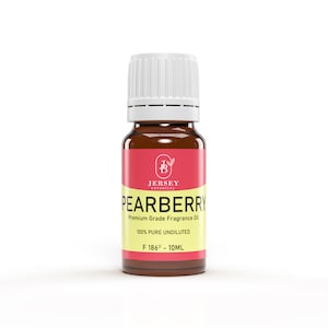 May include: A small brown glass bottle with a white cap, labeled "PEARBERRY Premium Grade Fragrance Oil 100% PURE UNDILUTED F 186° - 10ML" and a logo that says "JERSEY BOTANICAL".