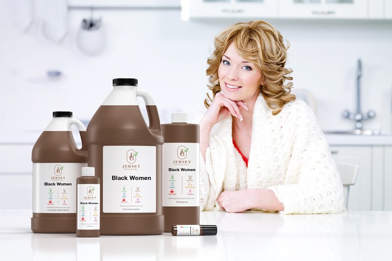 May include: Four brown bottles of liquid with white labels that say "Jersey Botanicals Black Women" and list ingredients. The bottles are in different sizes.