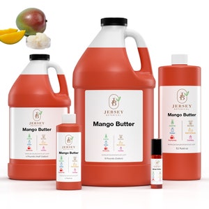 May include: Four bottles of mango butter fragrance oil in various sizes. The bottles are orange and have a white label with the text "Jersey Botanical" and "Mango Butter".
