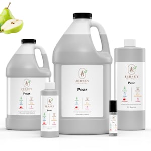 May include: Four bottles of pear-scented fragrance oil in various sizes, from a small 1-ounce bottle to a large 4-pound bottle. The bottles are labeled "Jersey Botanical" and "Pear".