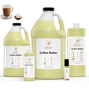 May include: Four bottles of Coffee Butter in various sizes, from a small roll-on bottle to a large gallon jug. The bottles are all yellow and have a label with the Jersey Botanical logo and the words "Coffee Butter".