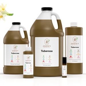 May include: Four bottles of Tuberose essential oil from Jersey Botanical. The bottles are brown and have white labels with the company logo and product name. The smallest bottle is 1 fluid ounce, the next is 4 fluid ounces, the next is 32 fluid ounces, and the largest is 4 pounds (half gallon).
