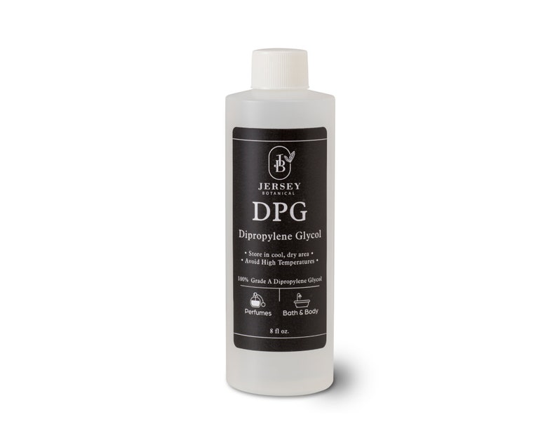 May include: A clear plastic bottle with a white cap, labeled "DPG Dipropylene Glycol" with the Jersey Botanical logo. The bottle is 8 fluid ounces and is for use in perfumes and bath and body products.