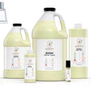 May include: Five bottles of Amber (White Type) fragrance oil from Jersey Botanical. The bottles are in various sizes, from a small roll-on bottle to a large 4-pound jug. The label features the company logo and a list of uses for the fragrance oil, including perfumes, candles, and soaps.