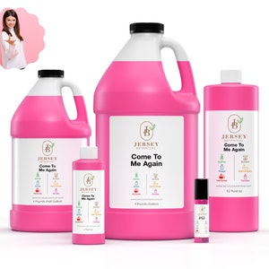 May include: Four bottles of pink liquid with the label "Jersey Botanical Come To Me Again". The bottles are in different sizes, from a small 1 oz bottle to a large 1 gallon bottle. The label also includes a list of uses for the product, including perfumes, candles, soaps, and bath and body products.