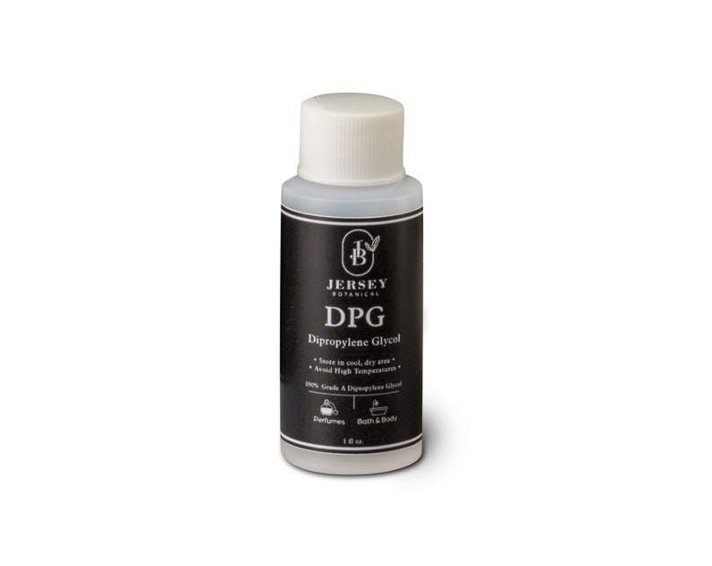 May include: A small, clear plastic bottle with a black label. The label says "Jersey Botanical DPG Dipropylene Glycol" and includes instructions to store in a cool, dry area. The bottle is 1 fl oz.