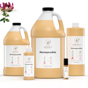 May include: Four bottles of Honeysuckle fragrance oil in various sizes, from a small 1-fluid ounce bottle to a large 1-gallon bottle. The bottles are all labeled with the Jersey Botanical logo and the scent name. The bottles are on a white surface.