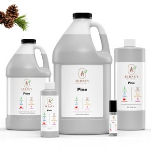 May include: Four bottles of Pine essential oil from Jersey Botanical. The bottles are in various sizes, from a small roll-on bottle to a large gallon jug. The label features a pine tree and the text "Jersey Botanical Pine".
