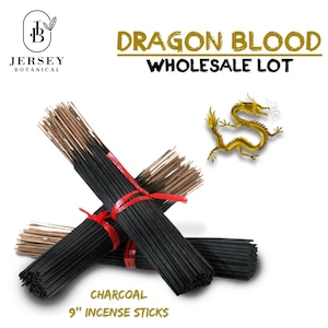May include: Bundles of 9-inch charcoal incense sticks tied with red ribbon. The image includes text that reads "Dragon Blood Wholesale Lot" and "Charcoal 9" Incense Sticks." A gold dragon illustration is also present.