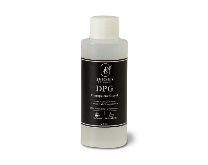 May include: A clear plastic bottle with a white cap, labeled "Jersey Botanical DPG Dipropylene Glycol". The bottle contains a clear liquid and is 2 fl oz.