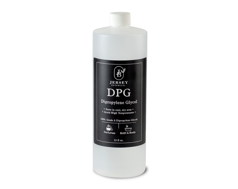 May include: A clear plastic bottle with a black label that reads "Jersey Botanical DPG Dipropylene Glycol". The label also includes instructions for storage and use, as well as the product's grade and intended uses: perfumes and bath & body. The bottle contains 32 fluid ounces.
