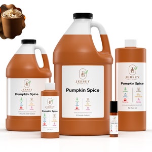 May include: Four bottles of Pumpkin Spice fragrance oil in various sizes, from a small roll-on bottle to a large gallon jug. The bottles are all brown and feature a white label with the Jersey Botanical logo and the words "Pumpkin Spice".