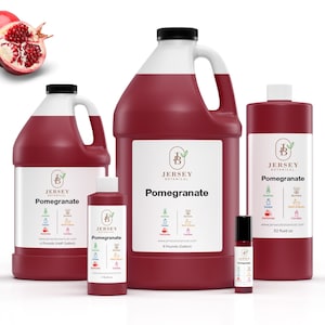 May include: Four bottles of pomegranate scented oil in various sizes, from a small roll-on bottle to a large gallon jug. The bottles are all red and have a white label with the words "Jersey Botanical" and "Pomegranate".