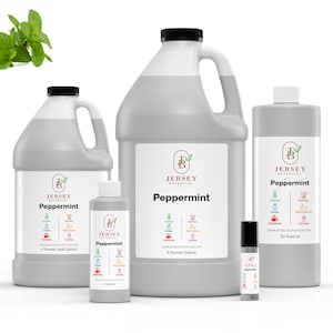 May include: Four bottles of peppermint essential oil in various sizes, from a small roll-on bottle to a large gallon jug. The bottles are all white with a gray label that says "Jersey Botanical" and "Peppermint".