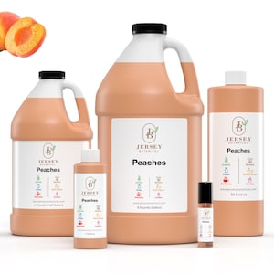 May include: Four bottles of peach-scented fragrance oil in various sizes. The bottles are labeled "Jersey Botanical" and "Peaches". The smallest bottle is 1 fluid ounce, the next is 4 fluid ounces, the next is 32 fluid ounces, and the largest is 4 pounds (half gallon).
