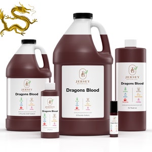 May include: Four bottles of Dragon's Blood essential oil in various sizes, from a small roll-on bottle to a large 1/2 gallon jug. The bottles are labeled with the Jersey Botanical logo and the name "Dragon's Blood".