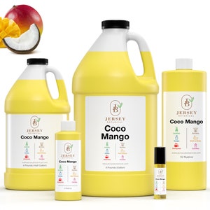 May include: A set of four bottles of Coco Mango scented oil in various sizes, from a small roll-on bottle to a large gallon jug. The bottles are yellow and feature a label with the Jersey Botanical logo and the product name.