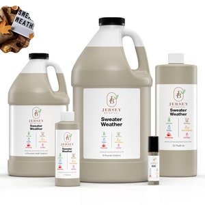 May include: Four bottles of Jersey Botanicals Sweater Weather fragrance oil in various sizes. The bottles are labeled with the brand name and product name. The largest bottle is a gallon size, the next is a half gallon, the next is a 3.2 fluid ounce bottle, and the smallest is a 4 fluid ounce bottle.