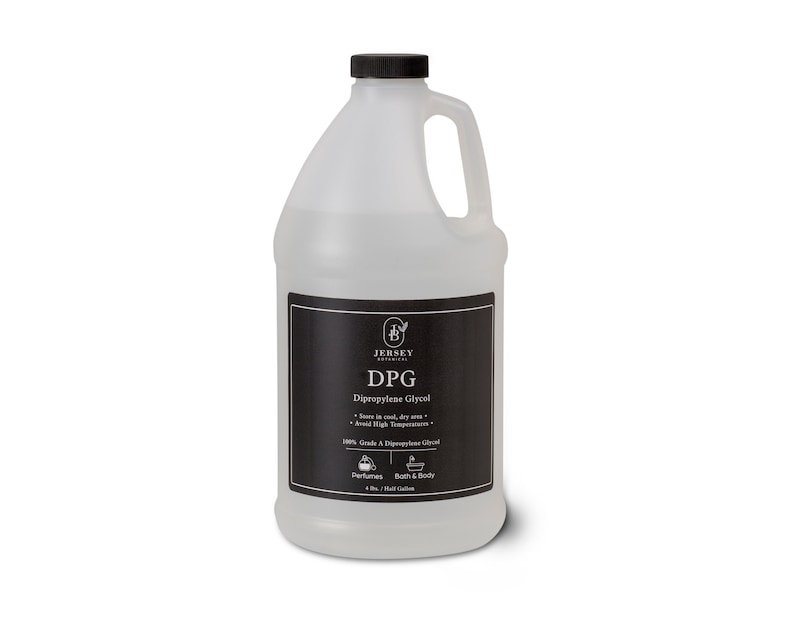 May include: A clear plastic bottle with a black cap and handle. The label is black with white text that reads "DPG Dipropylene Glycol" and "Jersey Botanicals".