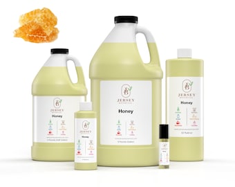 May include: Four bottles of honey fragrance oil in various sizes, from a 1/2 ounce roll-on to a 1 gallon jug. The bottles are labeled "Jersey Botanical" and "Honey". The label also lists various uses for the fragrance oil, including perfumes, candles, soaps, and more.