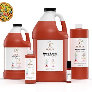 May include: Four bottles of Fruity Loops (Cereal Type) scented fragrance oil in various sizes. The bottles are red and feature a white label with the Jersey Botanical logo and product name. The smallest bottle is 1/2 fluid ounce, the next is 4 ounces, the next is 16 ounces, and the largest is 64 ounces.