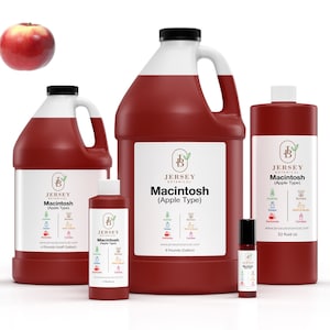 May include: Four bottles of Macintosh (Apple Type) fragrance oil from Jersey Botanical. The bottles are in various sizes, from a small roll-on bottle to a large 1-gallon jug. The bottles are all red and have a white label with the company logo and product information.