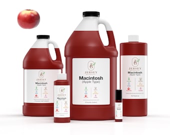 May include: Four bottles of Macintosh (Apple Type) fragrance oil from Jersey Botanical. The bottles come in various sizes, from a small roll-on bottle to a large 1-gallon jug. All the bottles are red and feature a white label with the company logo and product details.