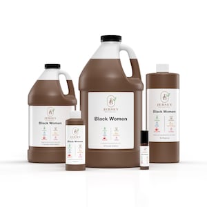 May include: Four brown glass bottles of different sizes containing liquid. The bottles are labeled "Jersey Botanical" and "Black Women". The largest bottle is 64 fluid ounces, the medium bottle is 32 fluid ounces, the small bottle is 4 fluid ounces, and the smallest bottle is 1/2 fluid ounce.