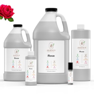 May include: Four bottles of rose scented oil in various sizes. The bottles are labeled "Jersey Botanical" and "Rose". The smallest bottle is 4 fluid ounces, the next is 32 fluid ounces, and the two largest are 4 pounds (half gallon).