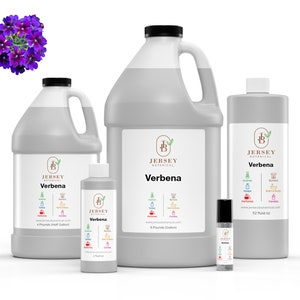 May include: Four bottles of Verbena essential oil from Jersey Botanical. The bottles are in different sizes, from a small roll-on bottle to a large 1-gallon jug. The label on each bottle features the Jersey Botanical logo and the text "Verbena".