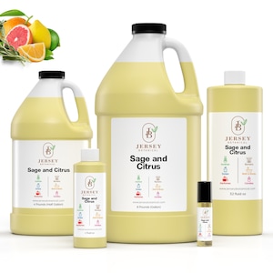 May include: Four bottles of Sage and Citrus essential oil from Jersey Botanical. The bottles are in various sizes, from a small roll-on bottle to a large 1-gallon jug. The label features a green leaf logo and the text "Sage and Citrus".