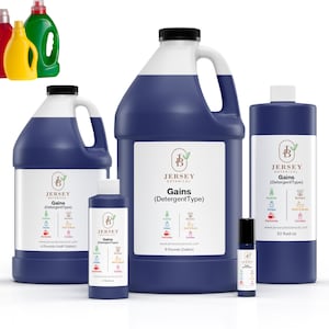 May include: Four bottles of laundry detergent in various sizes. The bottles are blue and labeled "Jersey Botanical Gains (Detergent Type)". The smallest bottle is a 3.2 fluid ounce bottle of laundry scent. The largest bottle is a 64 fluid ounce bottle of laundry detergent.