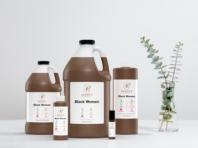 May include: Four brown bottles of "Black Women" essential oil in different sizes, from a small roll-on bottle to a large gallon jug. The bottles are labeled with the company logo, "Jersey Botanical", and a list of ingredients.