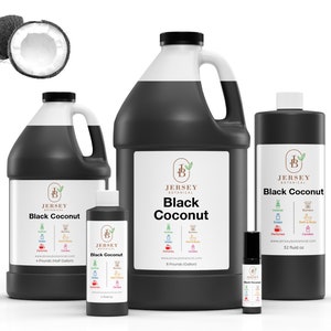May include: Five bottles of black coconut scented oil in various sizes, from a small roll-on bottle to a large 1-gallon jug. The bottles are all black with a white label that says "Jersey Botanical" and "Black Coconut".