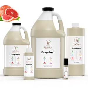 May include: Four bottles of grapefruit scented essential oil in various sizes. The bottles are labeled "Jersey Botanical" and "Grapefruit". The largest bottle is a gallon size, the next is a half gallon, the next is a 4 ounce bottle, and the smallest is a 1/2 ounce roll-on bottle.