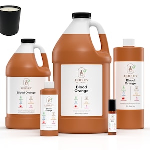 May include: Four bottles of Blood Orange essential oil from Jersey Botanical. The bottles are in various sizes, from a small roll-on bottle to a large 4-pound container. The bottles are all brown and have a white label with the Jersey Botanical logo and the words "Blood Orange".