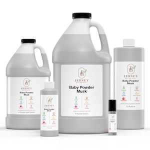 May include: Four bottles of Baby Powder Musk fragrance oil in various sizes. The bottles are white with a black label and the Jersey Botanical logo. The largest bottle is 4 pounds (half gallon), the next is 1 pound, the next is 4 fluid ounces, and the smallest is a 10 ml roll-on.