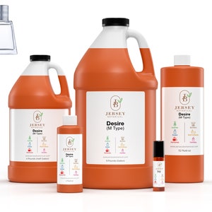 May include: Four bottles of orange liquid with labels that say "Jersey Botanical" and "Desire (M Type)". The bottles are in different sizes, from a small roll-on bottle to a large gallon jug. The labels also include a list of uses for the liquid, such as perfumes, candles, and soaps.