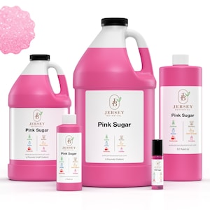 May include: Four bottles of pink sugar fragrance oil in different sizes. The bottles are labeled "Jersey Botanical" and "Pink Sugar". The smallest bottle is 3.2 fluid ounces, the next size is 8 fluid ounces, the next size is 4 pounds (half gallon), and the largest bottle is 8 pounds (half gallon).